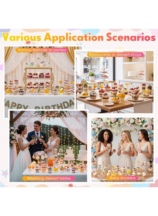 LemonRoad 300 Pack 2/3/5/7oz Plastic Dessert Cups Set 8 Styles Clear Plastic Dessert Cups with 100 Spoons 100 Toothpicks 500 Sticker for Serving Fruit Trifle Mousse Ice Cream Pudding (Chic) - Image 4