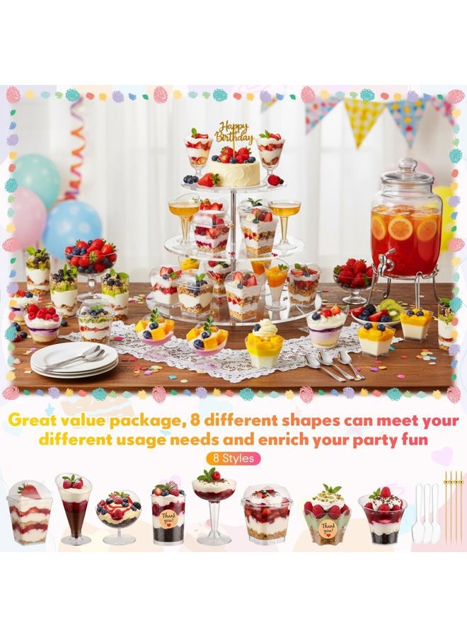 LemonRoad 300 Pack 2/3/5/7oz Plastic Dessert Cups Set 8 Styles Clear Plastic Dessert Cups with 100 Spoons 100 Toothpicks 500 Sticker for Serving Fruit Trifle Mousse Ice Cream Pudding (Chic) - Image 3