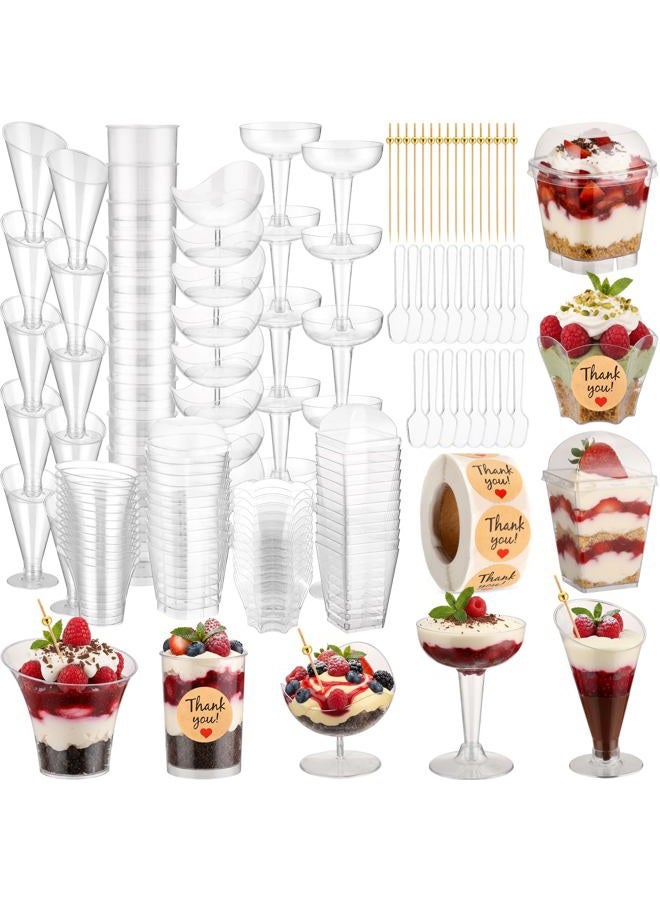 LemonRoad 300 Pack 2/3/5/7oz Plastic Dessert Cups Set 8 Styles Clear Plastic Dessert Cups with 100 Spoons 100 Toothpicks 500 Sticker for Serving Fruit Trifle Mousse Ice Cream Pudding (Chic) - Image 1
