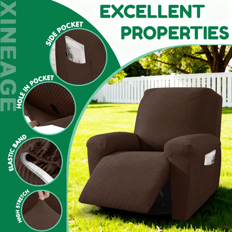 XINEAGE Stretch Recliner Chair Covers 4 Piece Recliner Covers with Storage Pockets Soft and Washable Recliner Slipcover Furniture Protector with Elastic Bottom Fit Pets & Kids (Coffee) - Image 3
