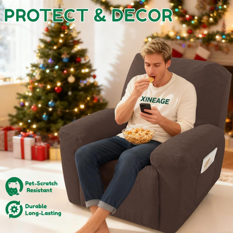 XINEAGE Stretch Recliner Chair Covers 4 Piece Recliner Covers with Storage Pockets Soft and Washable Recliner Slipcover Furniture Protector with Elastic Bottom Fit Pets & Kids (Coffee) - Image 2