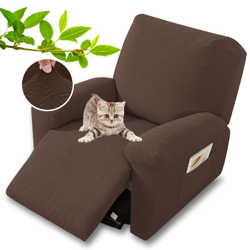 XINEAGE Stretch Recliner Chair Covers 4 Piece Recliner Covers with Storage Pockets Soft and Washable Recliner Slipcover Furniture Protector with Elastic Bottom Fit Pets & Kids (Coffee) - Image 1