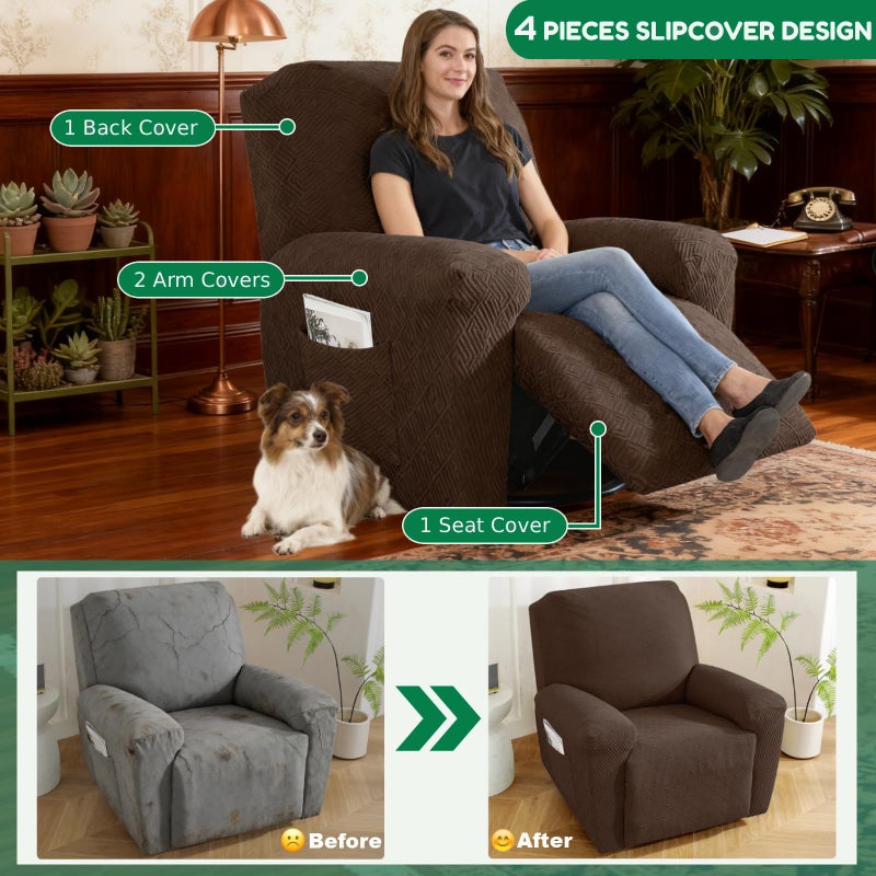 XINEAGE Stretch Recliner Chair Covers 4 Piece Recliner Covers with Storage Pockets Soft and Washable Recliner Slipcover Furniture Protector with Elastic Bottom Fit Pets & Kids (Coffee) - Image 4