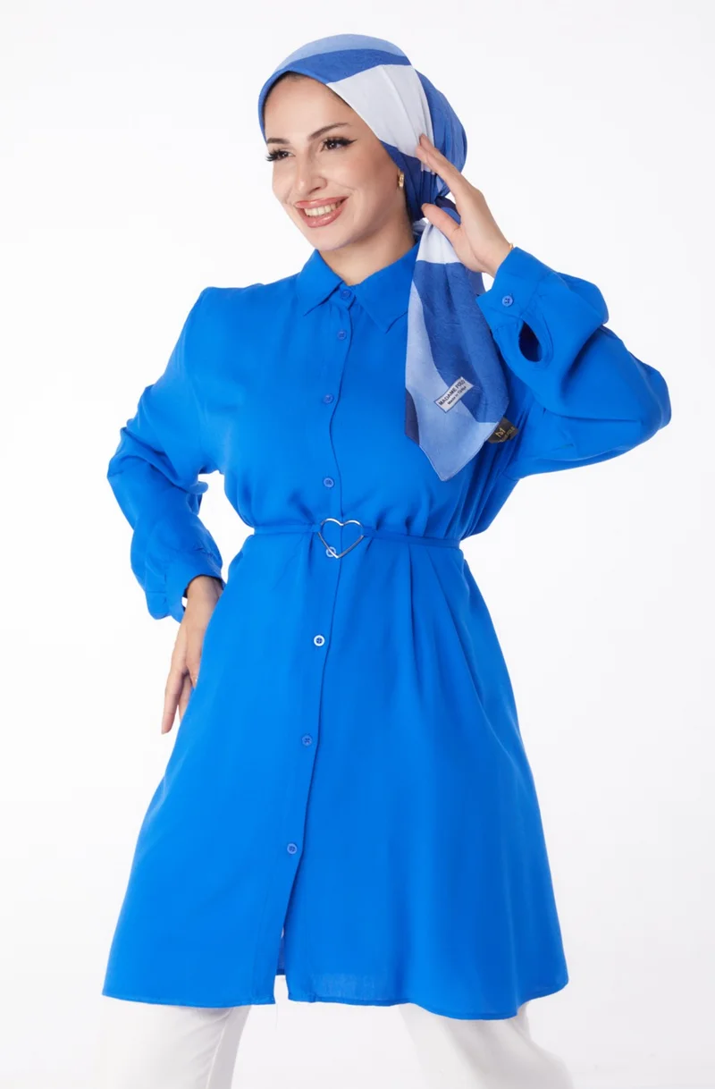 Tofisa Plain Shirt Collar Women's Blue Tunic - 13280
