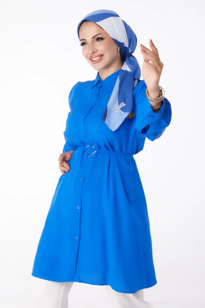 Tofisa Plain Shirt Collar Women's Blue Tunic - 13280