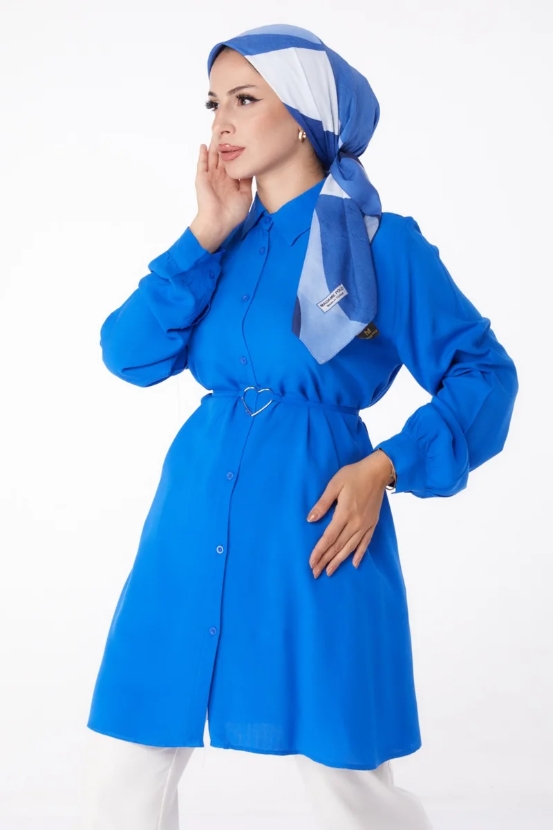 Tofisa Plain Shirt Collar Women's Blue Tunic - 13280