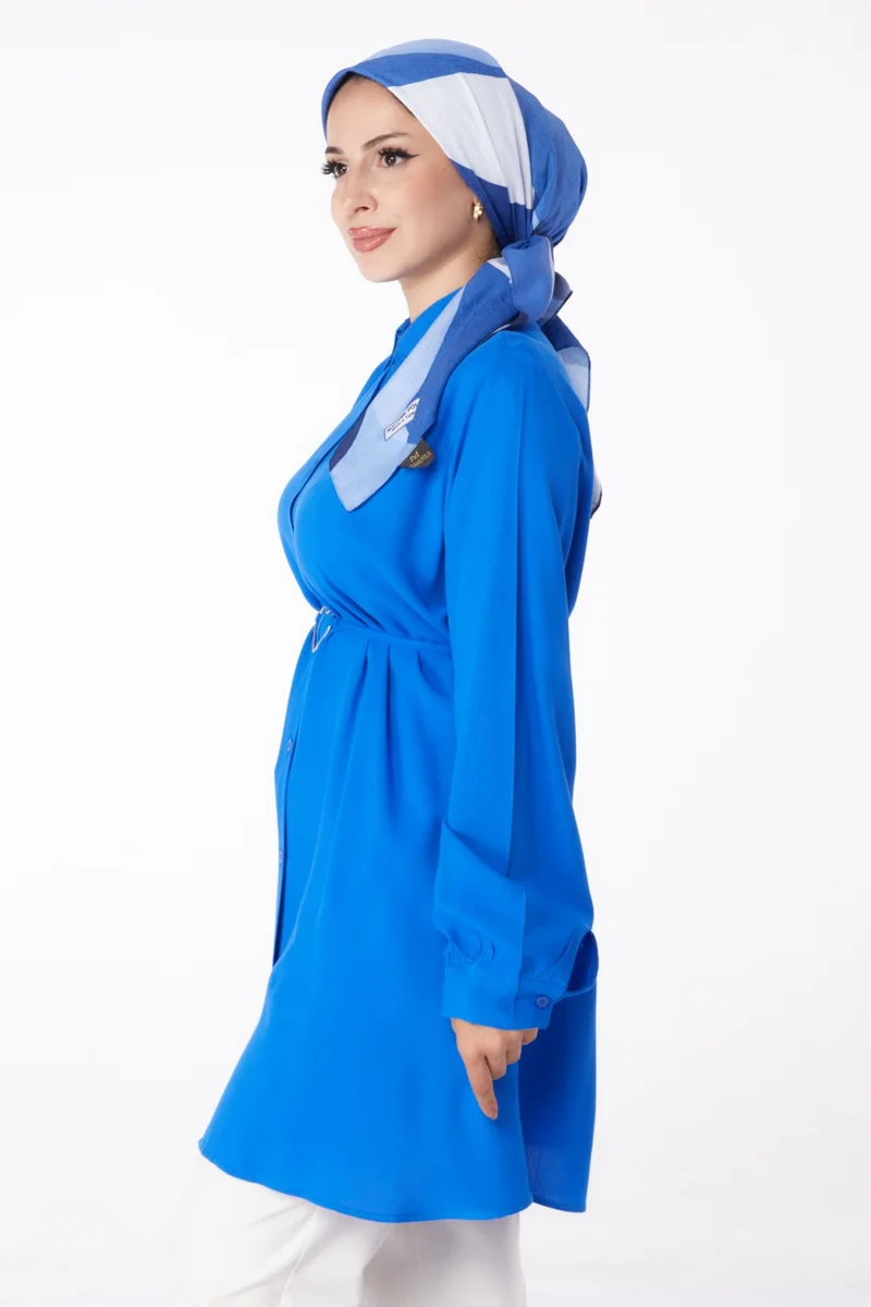 Tofisa Plain Shirt Collar Women's Blue Tunic - 13280