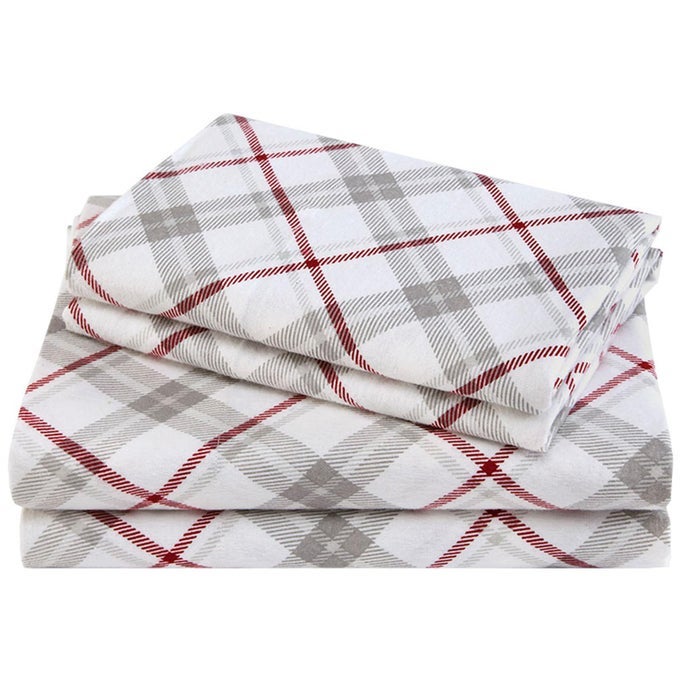 COTTON FLANNEL BREATHABLE WARM DEEP POCKET SHEETS WITH PILLOW CASE BEDDING QUEEN GREYRED PLAID 4 PIECE