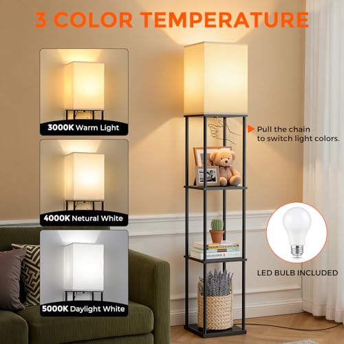 FOLKSMATE Floor Lamp with Shelves, 3-Tier Modern Square Bookshelf Floor Lamp, 3 Color Temperature Bulb Included, Black Floor Lamps for Living Room Bedroom Corner - Image 2