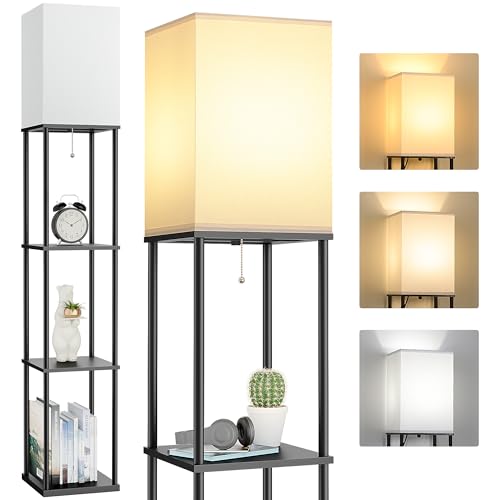 FOLKSMATE Floor Lamp with Shelves, 3-Tier Modern Square Bookshelf Floor Lamp, 3 Color Temperature Bulb Included, Black Floor Lamps for Living Room Bedroom Corner - Image 1