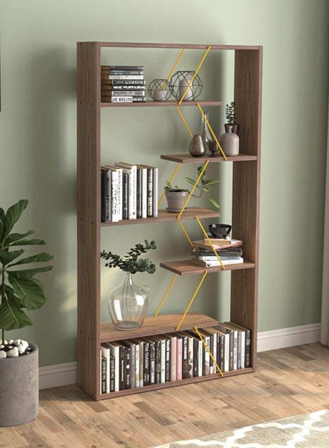 هوم كانافاس رفوف كتب منزلية حديثة مصنوعة من القماش لغرفة المعيشة أو غرفة الدراسة، سهلة التركيب - لون الجوز والأصفر - Image 1