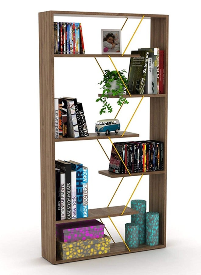 هوم كانافاس رفوف كتب منزلية حديثة مصنوعة من القماش لغرفة المعيشة أو غرفة الدراسة، سهلة التركيب - لون الجوز والأصفر - Image 2