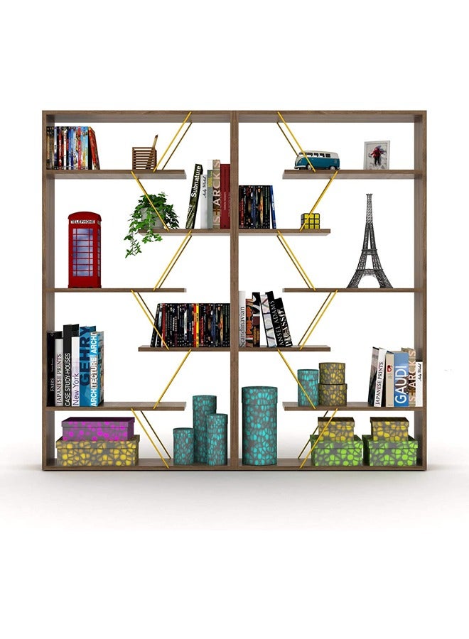 هوم كانافاس رفوف كتب منزلية حديثة مصنوعة من القماش لغرفة المعيشة أو غرفة الدراسة، سهلة التركيب - لون الجوز والأصفر - Image 5