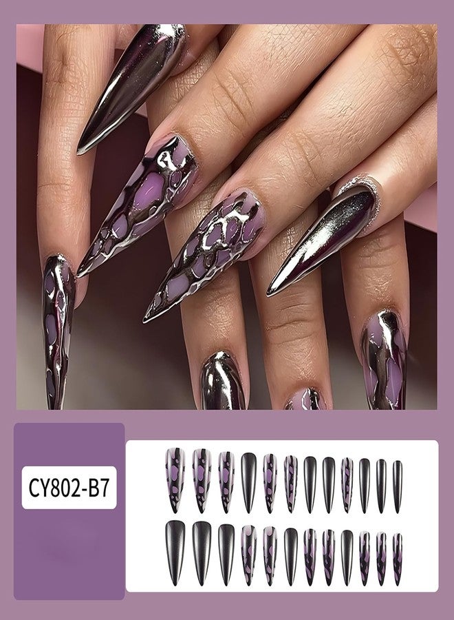 TBRZTR Press on Nails Long Almond Nails Spider Web False Nails Artificial Acrylic Nails Cobweb Design French Tip Fake Nails Full Cover Glossy Reusable Coffin Nails Glue on Nails for Women 24Pcs - Image 3