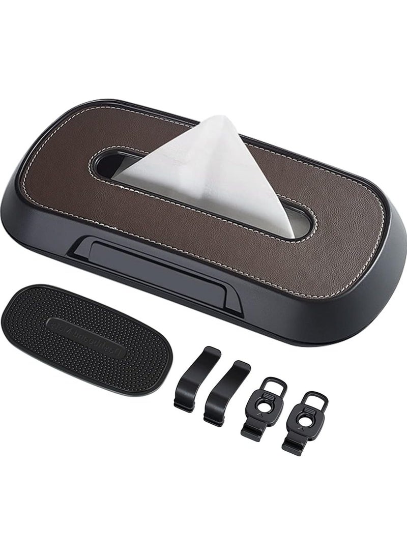 jaexest Car Tissue Holder Sun Visor Box with Headrest Hooks – Universal Leather Napkin Dispenser for Vehicle with Anti-Slip Mat – Brown Interior Car Organizer for Tissues, Wipes or Sunglasses - Image 1