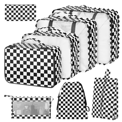 Hatisan 8 Set Packing Cubes for Suitcases,Packing Cubes with Shoe Bag, Cosmetics Bag, Clothing Bag, Accessories Bags Packing Cubes for Travel Luggage Organizer Women Men(Black White Checkered) - Image 1