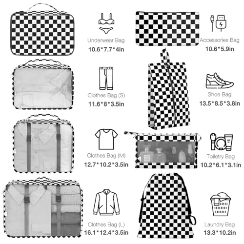 Hatisan 8 Set Packing Cubes for Suitcases,Packing Cubes with Shoe Bag, Cosmetics Bag, Clothing Bag, Accessories Bags Packing Cubes for Travel Luggage Organizer Women Men(Black White Checkered) - Image 2