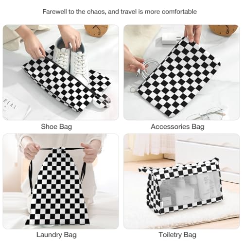 Hatisan 8 Set Packing Cubes for Suitcases,Packing Cubes with Shoe Bag, Cosmetics Bag, Clothing Bag, Accessories Bags Packing Cubes for Travel Luggage Organizer Women Men(Black White Checkered) - Image 5