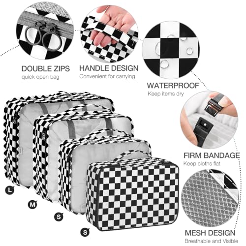 Hatisan 8 Set Packing Cubes for Suitcases,Packing Cubes with Shoe Bag, Cosmetics Bag, Clothing Bag, Accessories Bags Packing Cubes for Travel Luggage Organizer Women Men(Black White Checkered) - Image 3