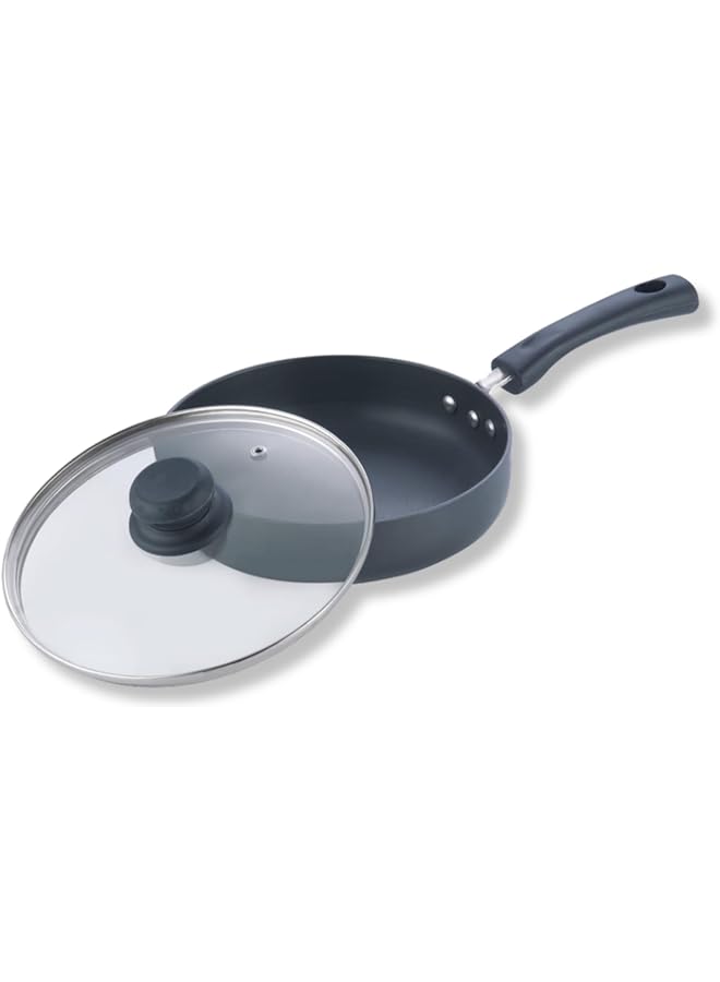 فينود مقلاة بلاك بيرل عميقة مطلية بأكسيد الألومنيوم الصلب مع غطاء زجاجي، سعة ١.٨ لتر، ٢٢ سم | سمك ٣.٢٥ مم | مقلاة | آمنة للاستخدام مع الملاعق المعدنية | خالية من السموم | قاعدة غاز، ضمان لمدة عامين - Image 1