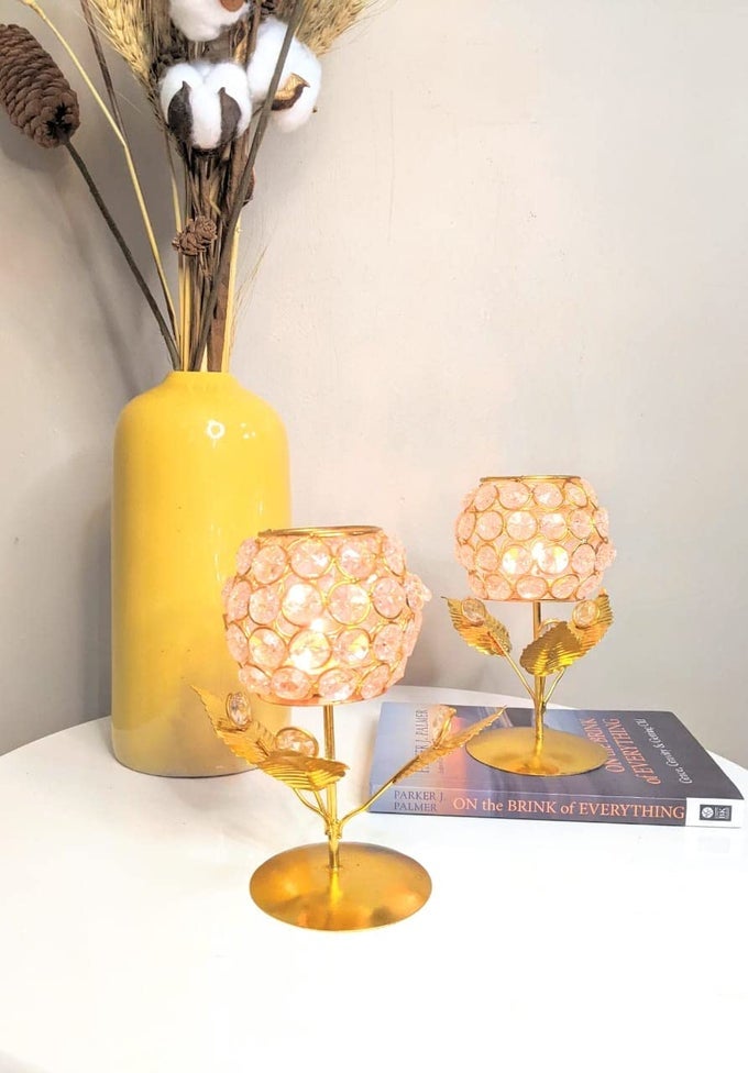 CRYSTAL FLOWER GOLD GLASS TEALIGHT HOLDER PACK OF 2