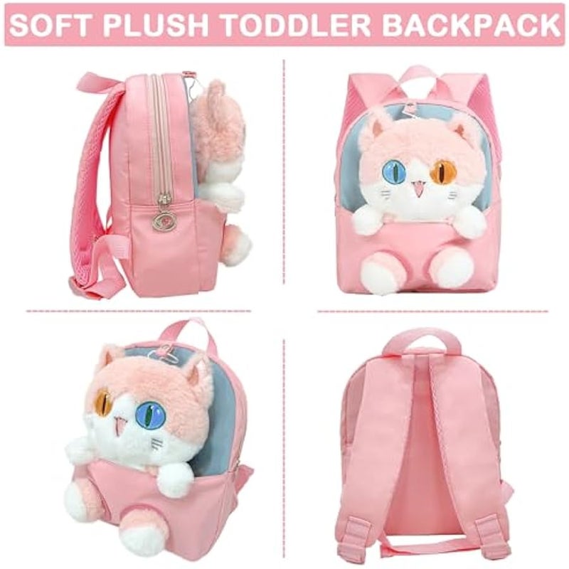 Toddler Backpack for Girls 3-6 with Stuffed Animal Cat Toy Soft Plush Kids Mini Backpack Kitty - Image 3