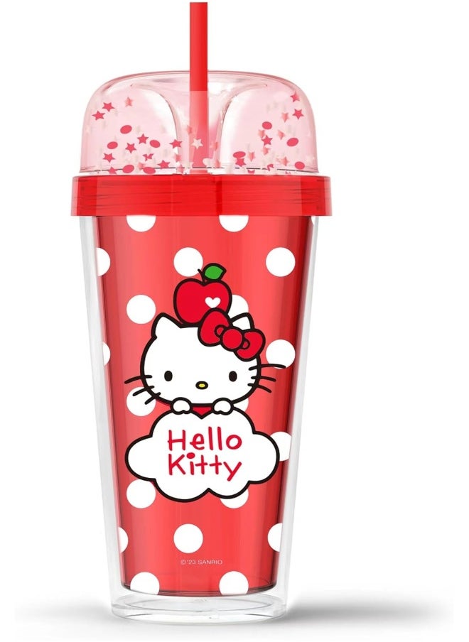 Miniso Hello Kitty Apple Collection Double-Layer Straw Plastic Bottle 480Ml - ‎5X5X31Cm, Multicolor 