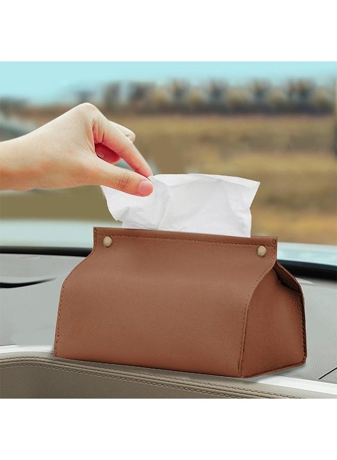 Leather Tissue Box Cover, Leather Tissue Box Organizer Holder for Home Living Room Table, Leather Car Mounted Tissue Storage Box (Brown) - Image 2