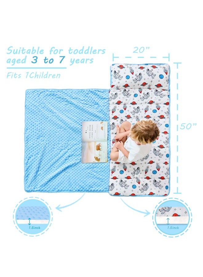 Lasoftan Toddler Nap Mat with Pillow and Blanket, Extra Large Rolled Napping Mats,Slumber Bags for Boys Girls,Kids Sleeping Bag for Daycare, 21" x 50" Preschool Travel Camping - Astronaut - Image 4