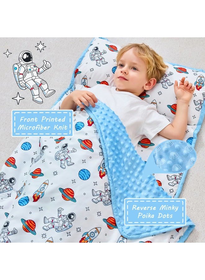 Lasoftan Toddler Nap Mat with Pillow and Blanket, Extra Large Rolled Napping Mats,Slumber Bags for Boys Girls,Kids Sleeping Bag for Daycare, 21" x 50" Preschool Travel Camping - Astronaut - Image 2