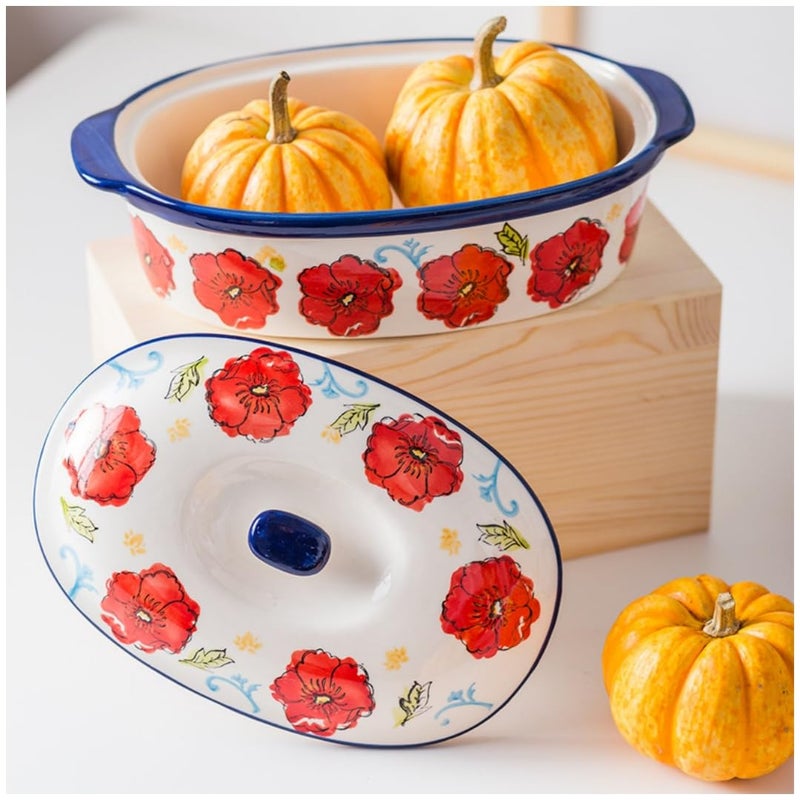 TUSIMI Floral Ceramic Casserole Dish with Lid â€“ 40oz Oval Baking Dish, Oven-Safe Stoneware for Lasagna, Roasting, Serving â€“ Elegant Floral Design, Microwave & Dishwasher Safe â€“ Perfect for 1-2 Person - Image 2