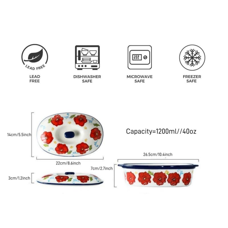 TUSIMI Floral Ceramic Casserole Dish with Lid â€“ 40oz Oval Baking Dish, Oven-Safe Stoneware for Lasagna, Roasting, Serving â€“ Elegant Floral Design, Microwave & Dishwasher Safe â€“ Perfect for 1-2 Person - Image 3