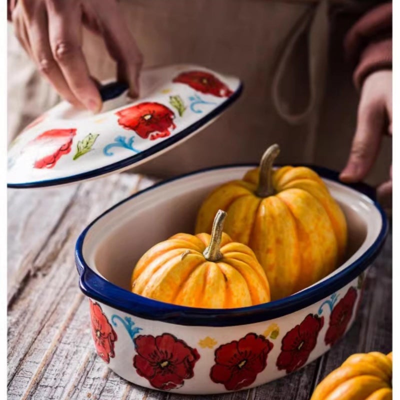 TUSIMI Floral Ceramic Casserole Dish with Lid â€“ 40oz Oval Baking Dish, Oven-Safe Stoneware for Lasagna, Roasting, Serving â€“ Elegant Floral Design, Microwave & Dishwasher Safe â€“ Perfect for 1-2 Person - Image 5