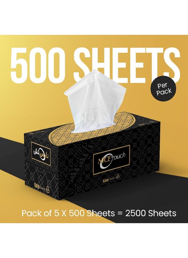 NICE Touch 1Ply Facial Tissue 2500 Sheets, 5 Packs of 500 Sheets - Contains 2500 Premium, Soft & Absorbent Tissues Suitable For All Skin Types  - Image 2