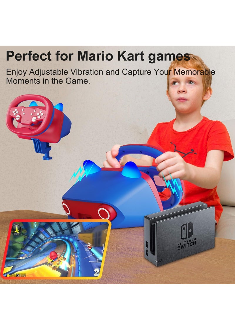 Wireless Gaming Racing Wheel with Cat Ear Light, Bluetooth Wired Dual-Mode Steering Wheel for Nintendo Switch, PC, PS4, PS3, ios/Android mobile phones, Tablets Red Blue - Image 3