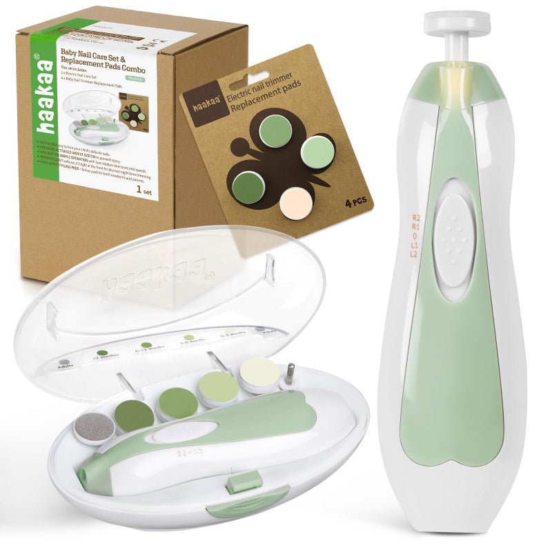 haakaa Baby Nail Trimmer Electric Baby Nail Clippers Kit for Newborn, Toddler or Adults Fingernails and Toenails Care, Baby Nail Care Set & Extra 4 Replacement Pads Combo - Meadow - Image 1