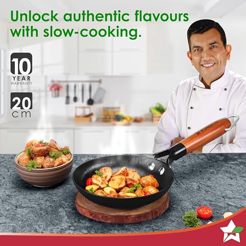 Wonderchef PreSeasoned Ferro Light 20cm Cast Iron Fry Pan 800 ml Acacia Wooden Handles Gravity Moulding Technology No Chemical Coating 10 Year 30 cm Black - Image 3