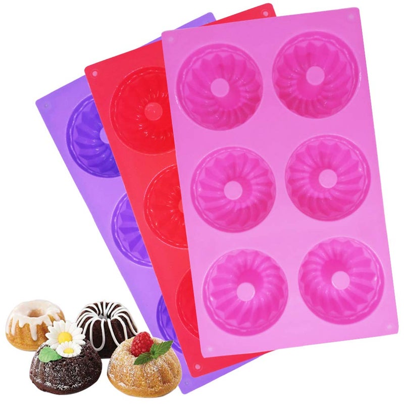 3 Packs Silicone Mini Fluted Cake Pans findTop Mini Tube Cake Baking Pan for Muffin Cups Coffee Cake Cupcake Brownie Pink Purple Red
