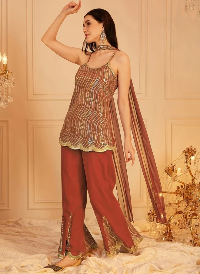 Indo Street Sequined Kurti With Palazzos & Dupatta For Women