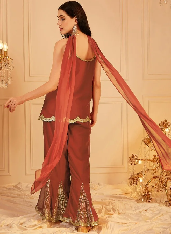 Indo Street Sequined Kurti With Palazzos & Dupatta For Women