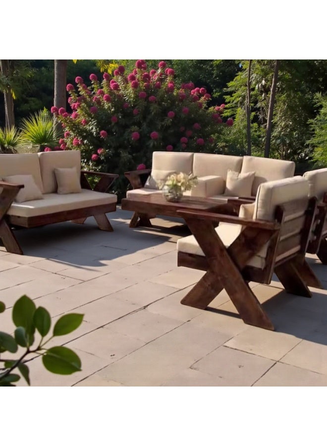 Mardod Saudi Outdoor seating set crafted from natural European wood consisting of Triple sofa + Twin sofa + 2 chairs + coffee table - Color beige - XIW038 - Image 1