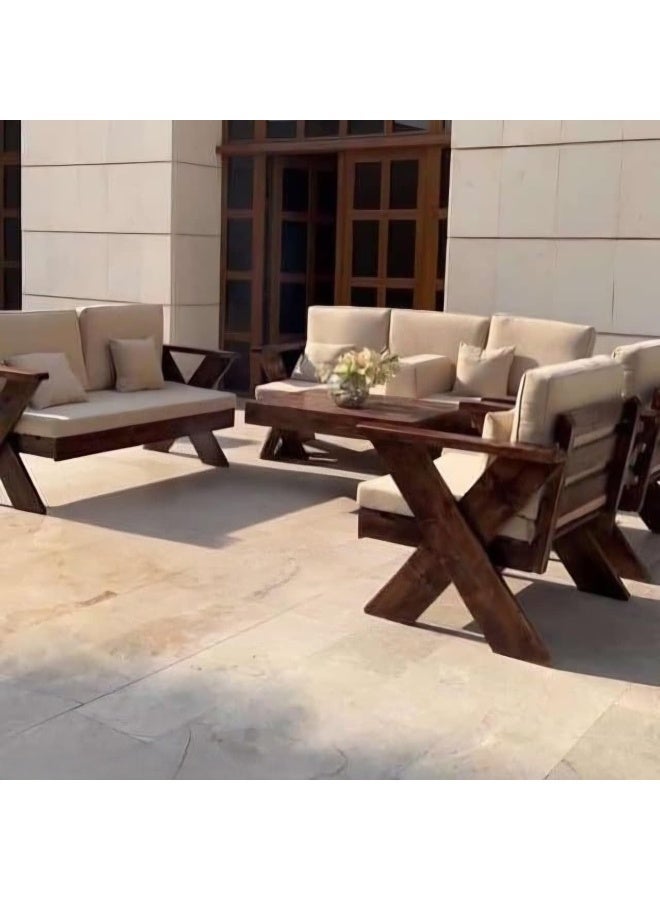Mardod Saudi Outdoor seating set crafted from natural European wood consisting of Triple sofa + Twin sofa + 2 chairs + coffee table - Color beige - XIW038 - Image 3