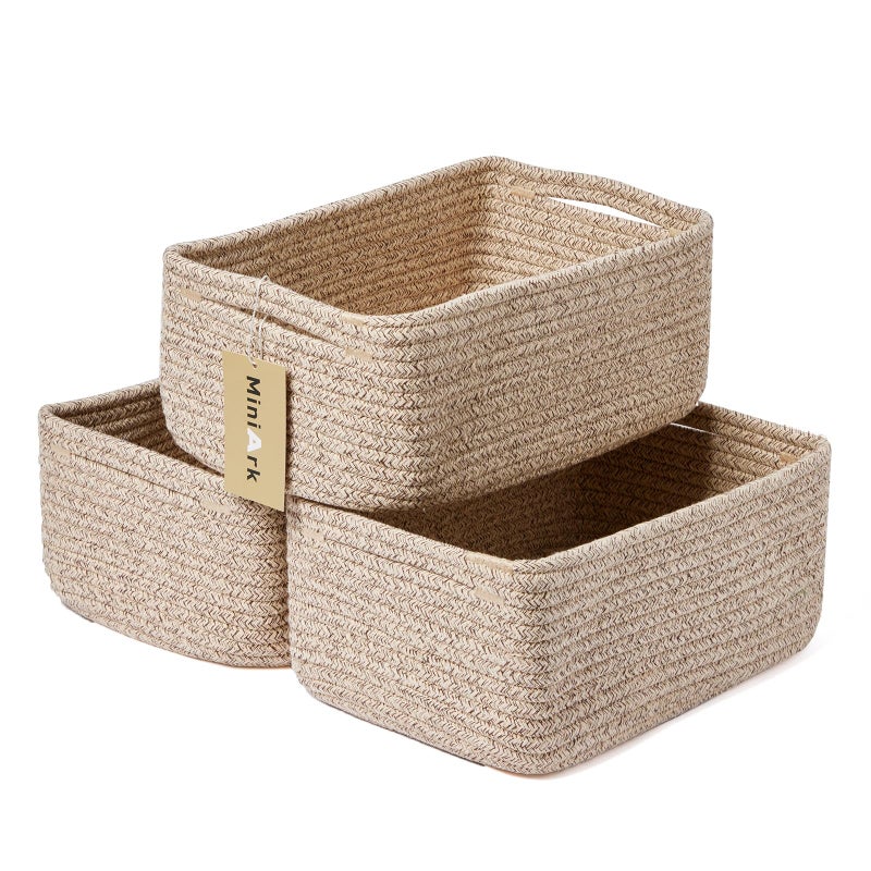 MiniArk Small Storage Baskets for Organizing | Closet Organizer Bins | Shelf Toy Basket | Woven Rope Baskets | Cube Decorative Box | Shallow Basket | 13x8.5x5.1â€ | 3 Packs Mixed Brown - Image 1