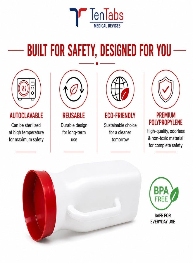 TenTabs Unisex Polypropylene Autoclavable Urinal Bottle (1000 ml) | Reusable Bedside Urine Pot for Patients, Elderly & Travel | Leakproof with Lid & Handle - Image 3