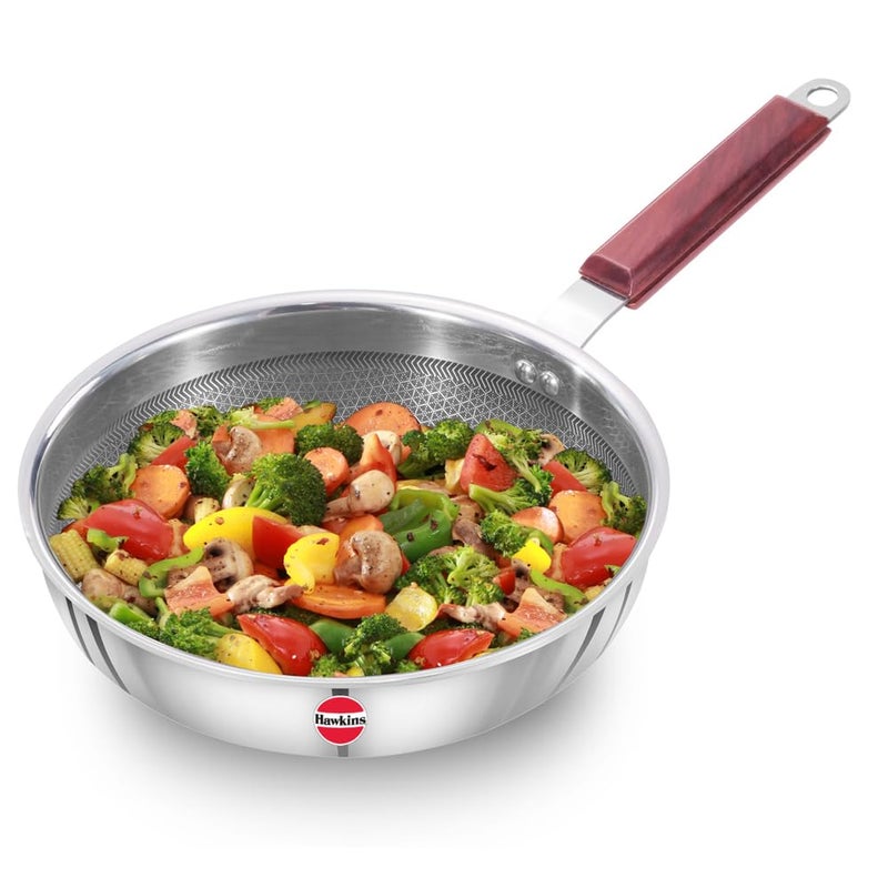 Hawkins Hawkins 22 cm Frying Pan, Triply Stainless Steel Shielded Nonstick Fry Pan with Rosewood Handle, Honeycomb, Non Stick, Induction, Silver (NSF22) - Image 1