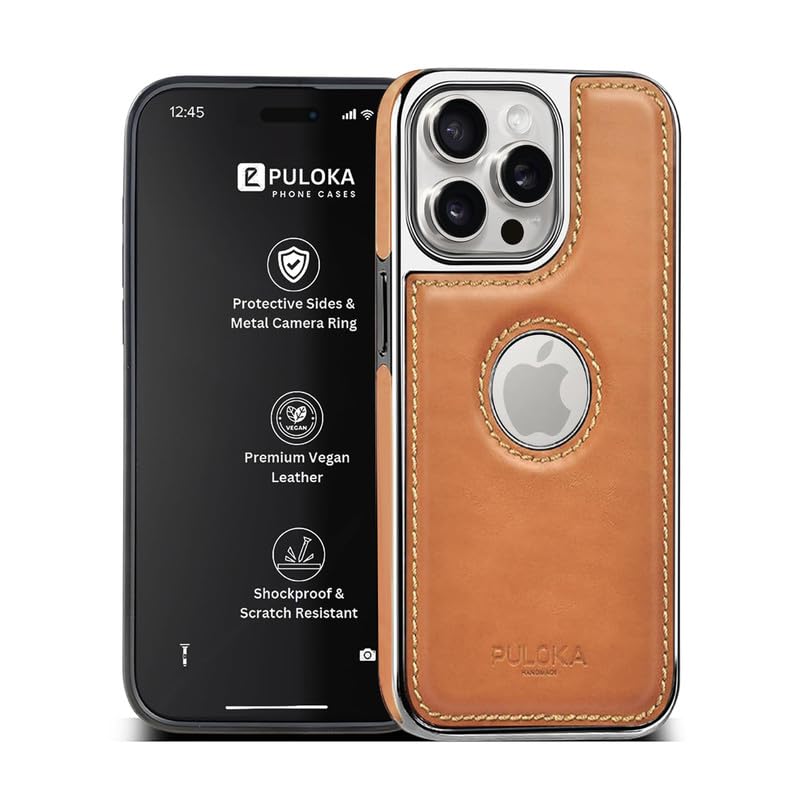 PULOKA Chrome Leather Back Case - Compatible with iPhone 14 Pro - Luxury Bumper Case - Flexible Vegan Leather - Electroplated Sides & Logocut - Full Camera Protetection & Raised Edges - Beige - Image 1