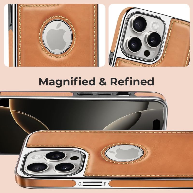 PULOKA Chrome Leather Back Case - Compatible with iPhone 14 Pro - Luxury Bumper Case - Flexible Vegan Leather - Electroplated Sides & Logocut - Full Camera Protetection & Raised Edges - Beige - Image 5