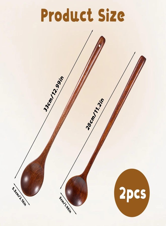 Eldraqth Wooden Spoons for Cooking, 2 Pcs 11 Inch/13 Inch Long Handle Wood Cooking Spoon Mixing Spoons Large Wooden Kitchen Utensils Round Serving Spoon for Tasting, Stirring - Image 2