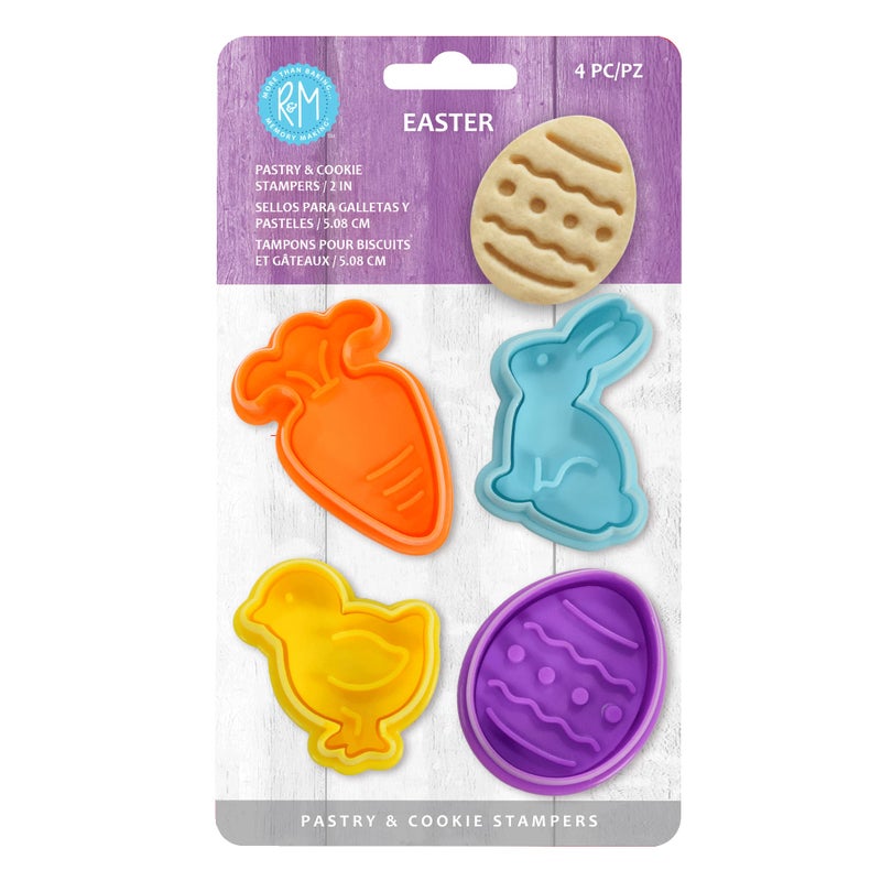 RM Easter Cookie Cutter 2 Cookie Pastry and Fondant Stampers Carrot Bunny Chick and Egg 4Piece Set