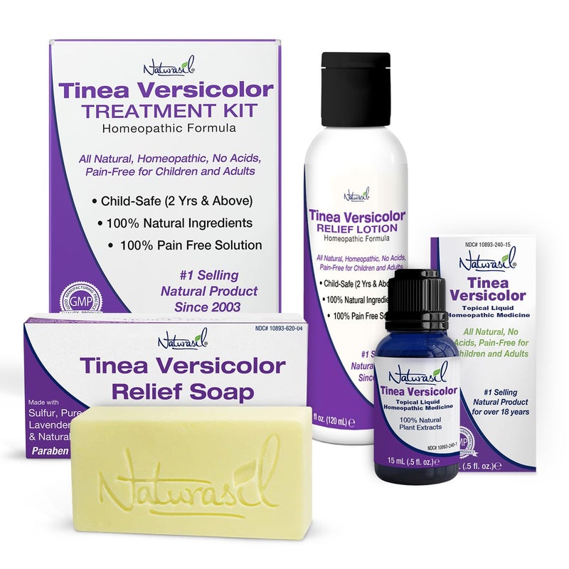 Naturasil Tinea Versicolor Total Control Treatment Pack by Naturasil | Fast, Effective Relief from Skin Discoloration, Spots & Itching | Works on Candida, Jock Itch, Ringworm | 4oz Lotion + 4oz Soap + 15ml Oil 